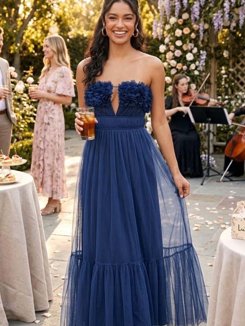 New Lulus Strapless Chic Spectacular Navy Appliqué Tulle Evening Dress Sz XL